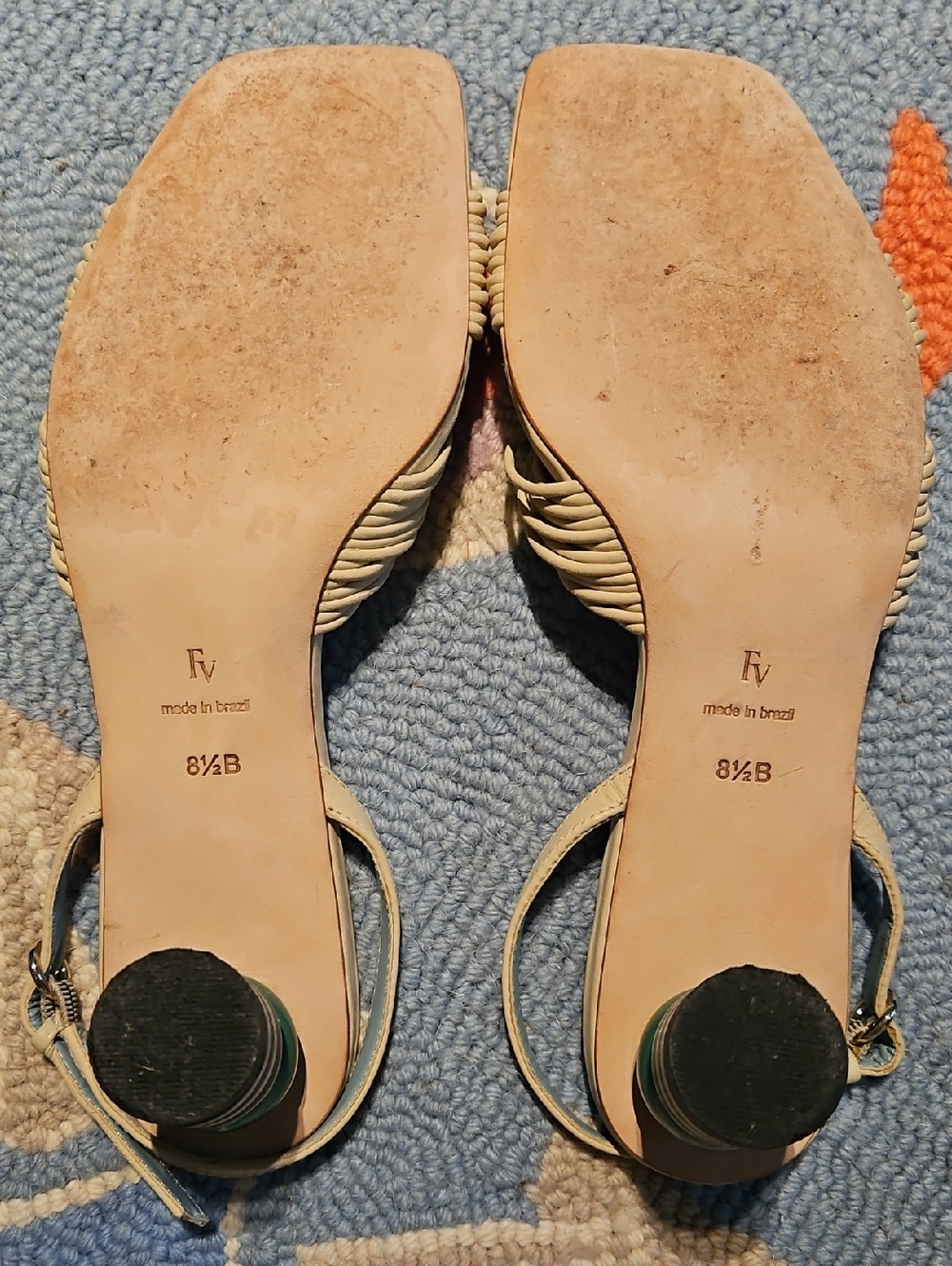 Frances Valentine Beige Spaghetti Strap Sandals with Green & Black Accent Heel - Picture 5 of 6